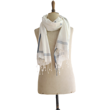 Load image into Gallery viewer, Finest Cotton scarf - off white with embroidered blue pattern