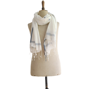 Finest Cotton scarf - off white with embroidered blue pattern