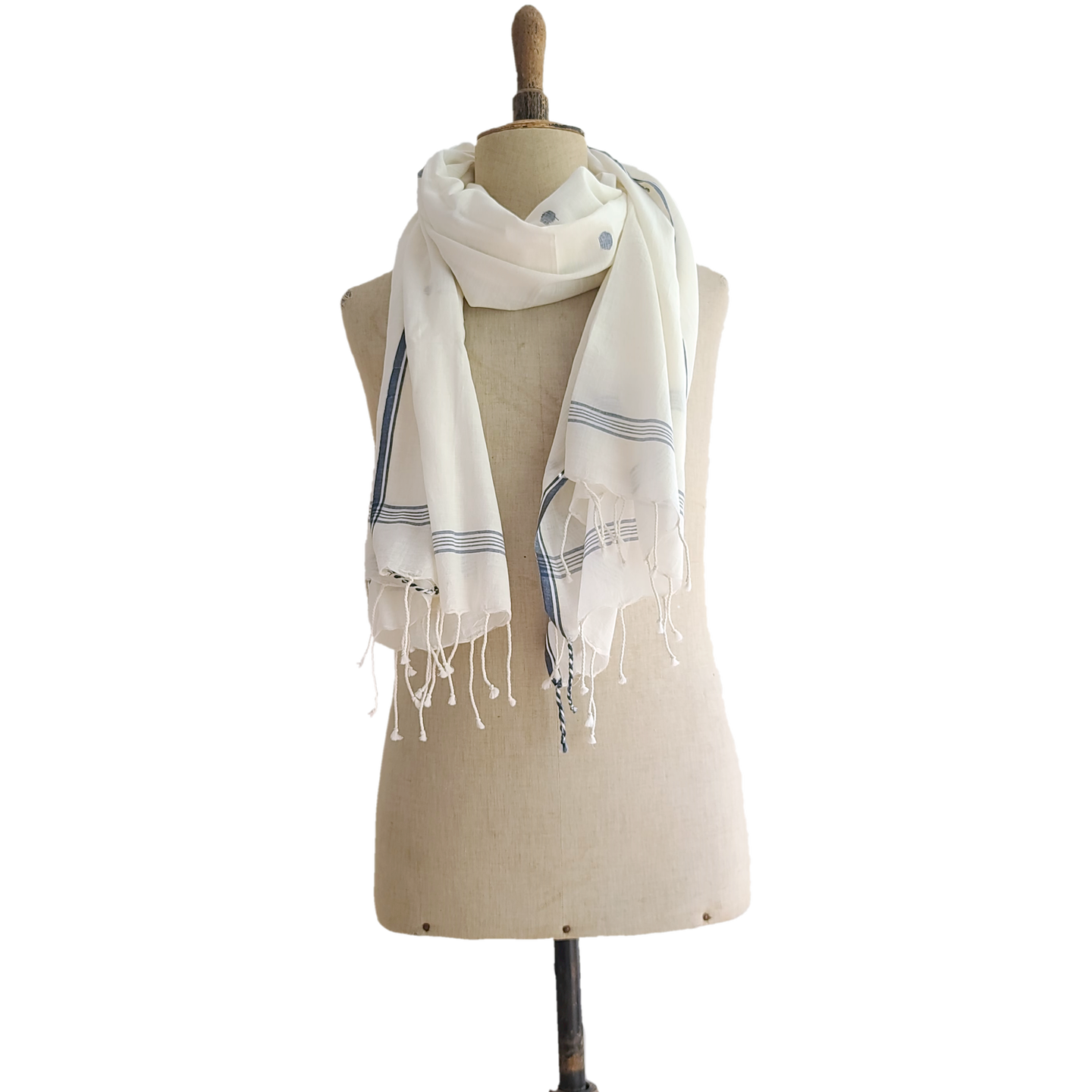 Finest Cotton scarf - off white with embroidered blue pattern